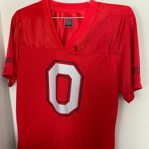 Ohio State red O short sleeve jersey.  100% polyester v-neck